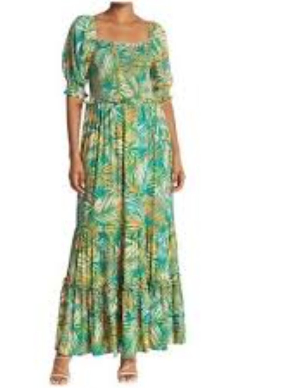 Betsey Johnson Women L Green Tropical Palm Print Square-Neck Smocked Maxi Dress